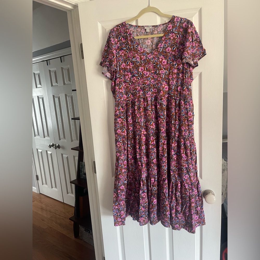 J. Crew Pink Multi Floral Tiered V‑Neck Midi Dress